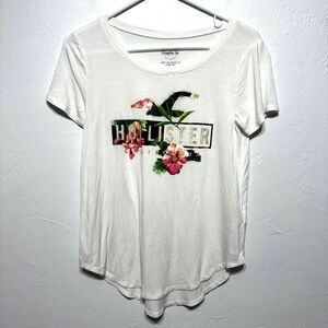 Hollister Shirt Short Sleeve Floral Spellout Graphic Tee White Pink Womens Sz XS